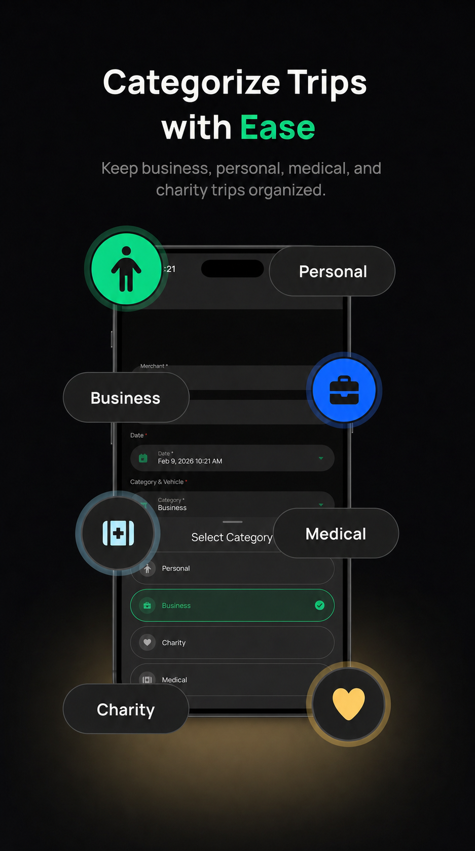 DriverAI trip categorization for business, personal, medical, and charity trips in dark mode
