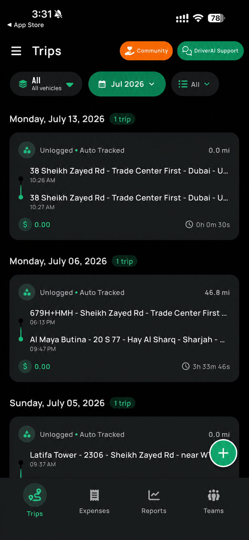 DriverAI dark-mode trip history displayed inside an iPhone