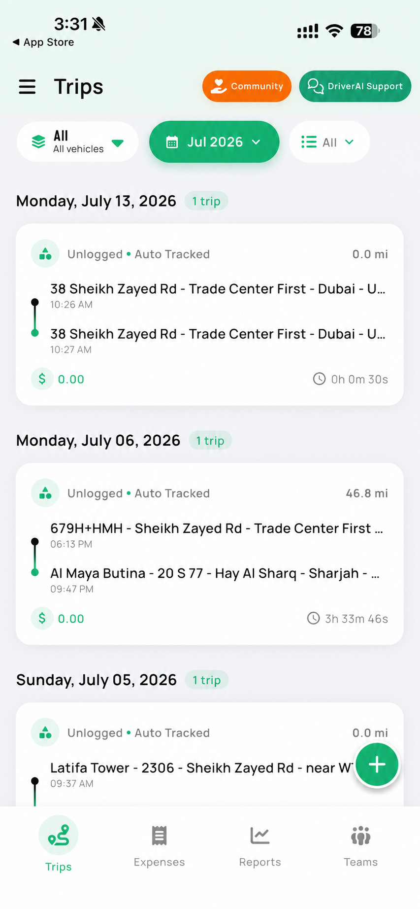 DriverAI trip history displayed inside an iPhone